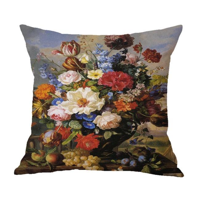 Vintage Flower Throw Pillow Covers Oil Painting Cushion Cover Decorative Cotton Linen Square Pillow Cases For Sofa Couch Oil Painting Flower Farmhouse Throw Pillow Cover Cotton Linen Decorative Cushion Covers Pillowcase For Sofa Bedroom Car 45X45CM