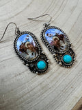Western Bronc Print Oval & Faux Turquoise Earrings — Matching Rodeo Set — product image