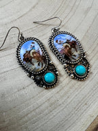 Western Bronc Print Oval & Faux Turquoise Earrings — Matching Rodeo Set — product image