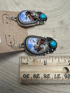 Western Bronc Print Oval & Faux Turquoise Earrings — Matching Rodeo Set