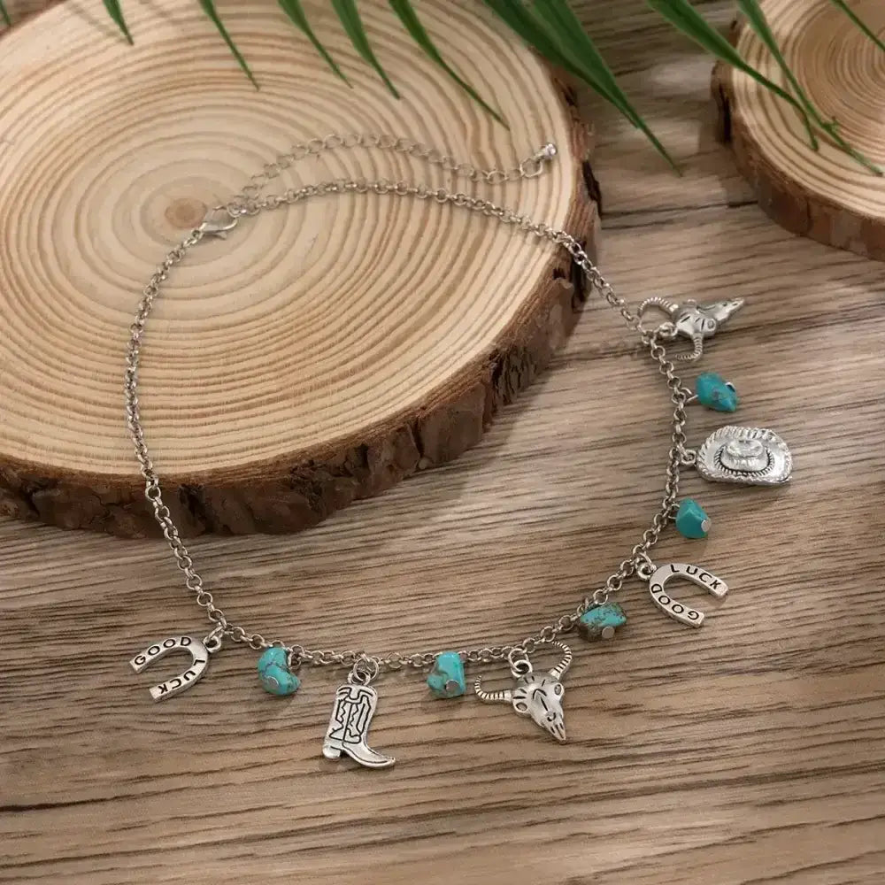 Western Turquoise Choker Necklace and Bracelet, Southwest Charms