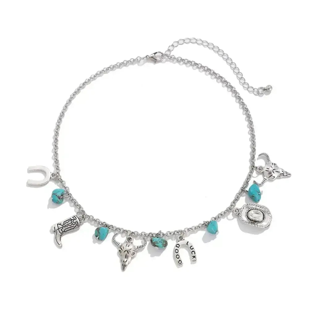 Western Turquoise Choker Necklace and Bracelet, Southwest Charms