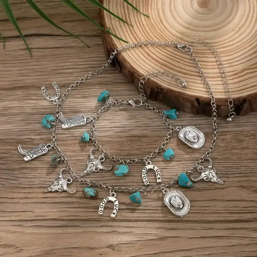 Western Turquoise Choker Necklace and Bracelet, Southwest Charms