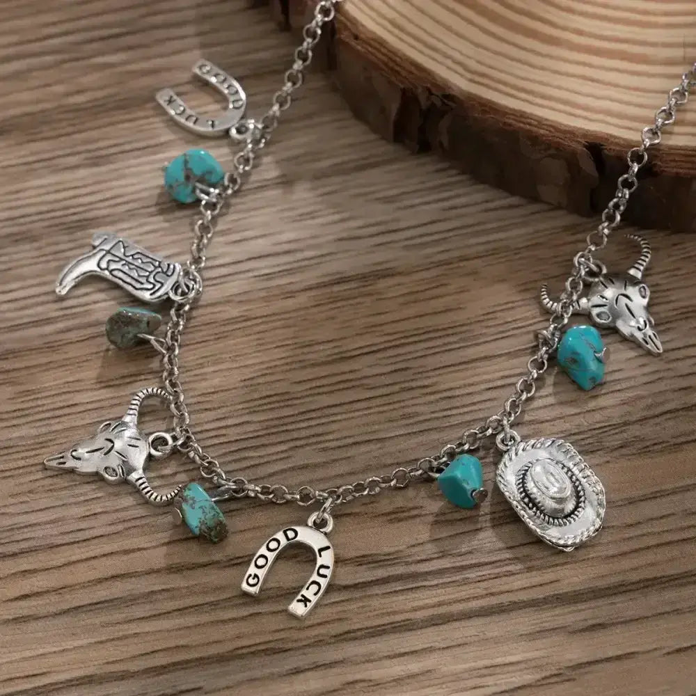 Western Turquoise Choker Necklace and Bracelet, Southwest Charms