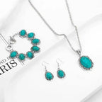 Western Vintage Turquoise Bracelet Necklace Earrings Set, 3pcs Set