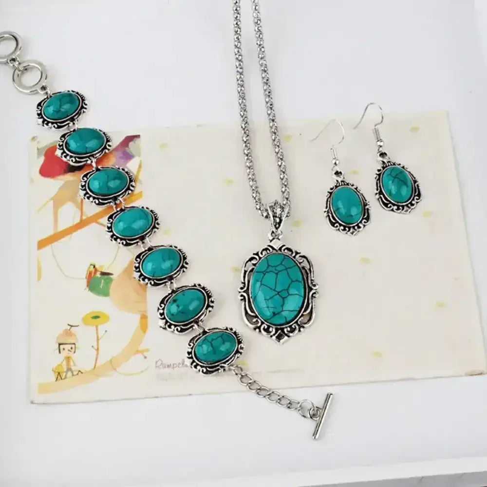 Western Vintage Turquoise Bracelet Necklace Earrings Set, 3pcs Set
