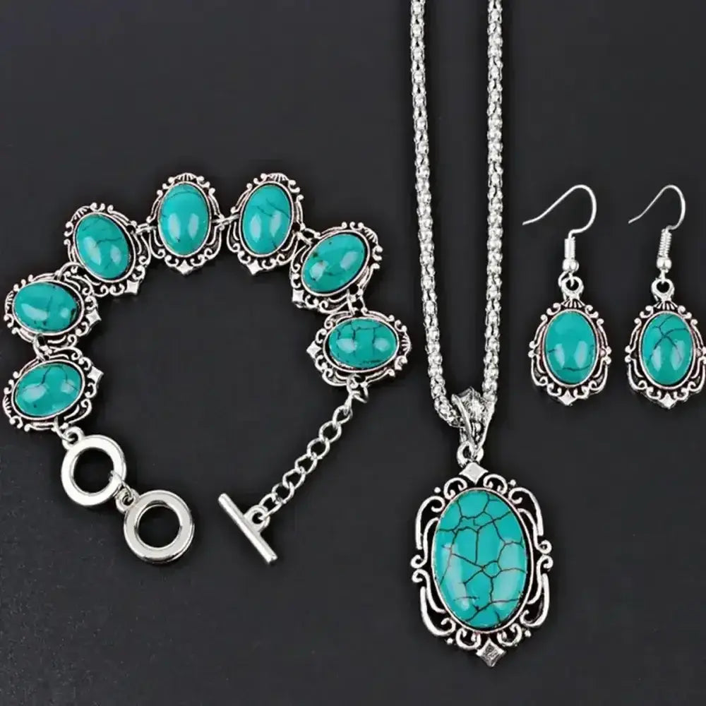 Western Vintage Turquoise Bracelet Necklace Earrings Set, 3pcs Set — product image