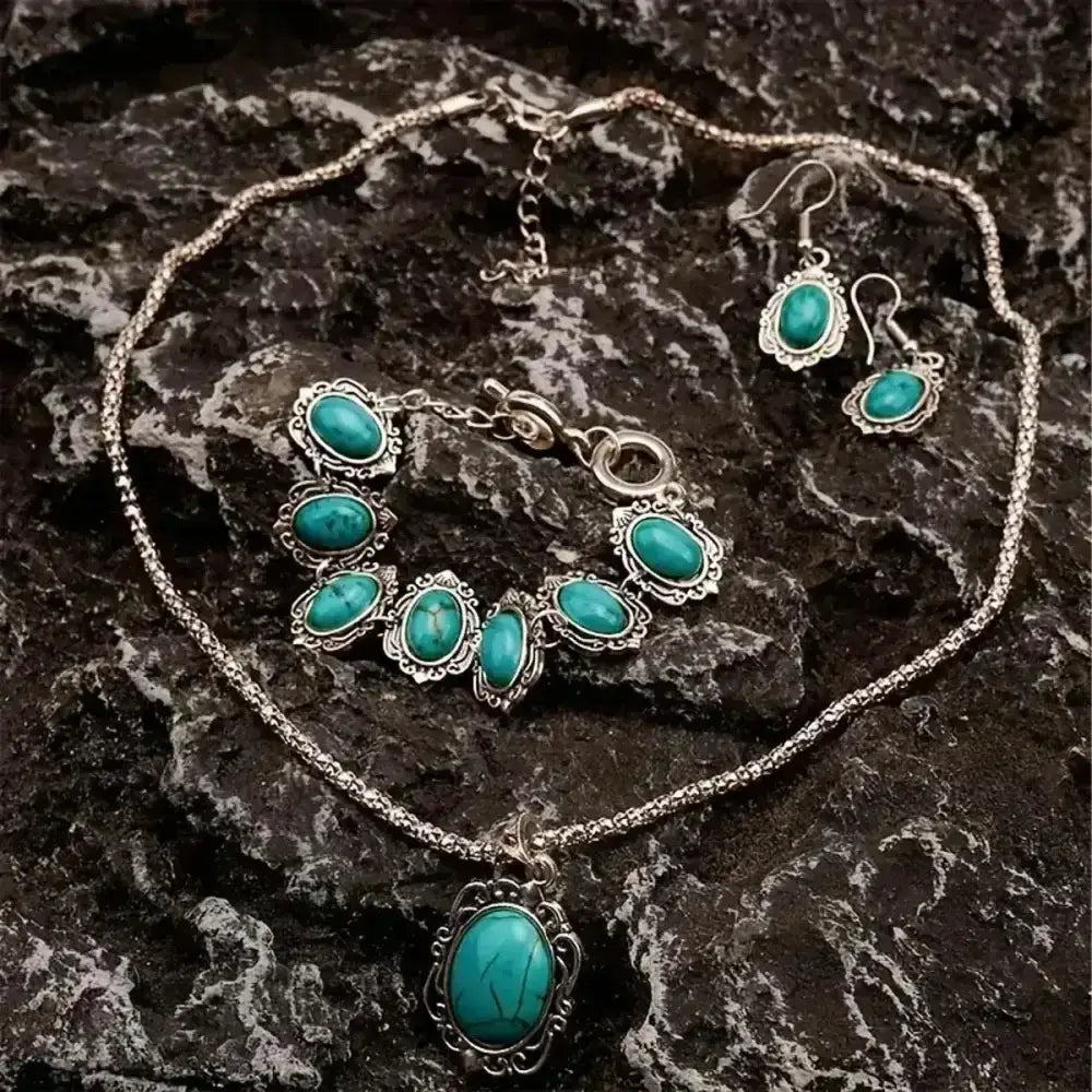 Western Vintage Turquoise Bracelet Necklace Earrings Set, 3pcs Set