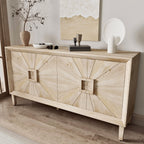 60'' Premium Rustic American Farmhouse Credenza - Symmetrical Sunburst Door Design, Heavy-Duty Antique Wood TV Stand with Adjustable Shelves, Storage Cabinet for Living Room/Kitchen (Antique Natural)