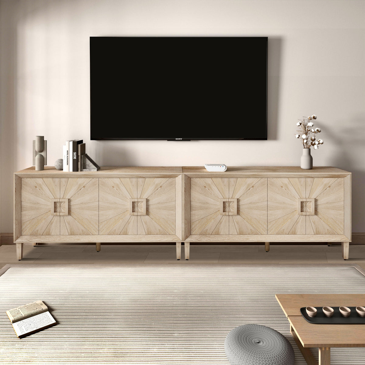60'' Premium Rustic American Farmhouse Credenza - Symmetrical Sunburst Door Design, Heavy-Duty Antique Wood TV Stand with Adjustable Shelves, Storage Cabinet for Living Room/Kitchen (Antique Natural)