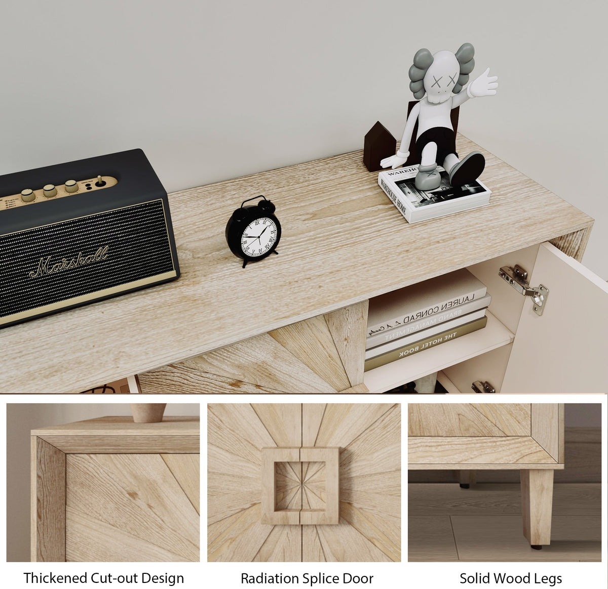 60'' Premium Rustic American Farmhouse Credenza - Symmetrical Sunburst Door Design, Heavy-Duty Antique Wood TV Stand with Adjustable Shelves, Storage Cabinet for Living Room/Kitchen (Antique Natural)