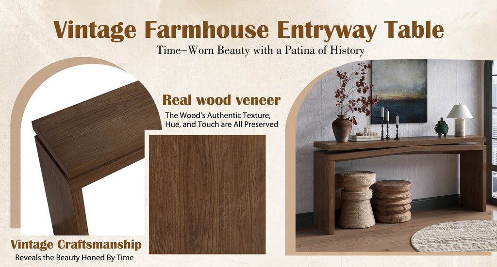 65-Inch Solid Wood Veneer Console Table, Long Farmhouse Entryway Sofa Table for Living Room, Hallway, Behind Couch, Apartment, Antique Rustic