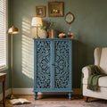 Farmhouse Accent Storage Cabinet, 2 Door Decorative Cabinet with Hollow Carved Doors, Adjustable Shelf, Freestanding Display Cabinet with Turned Legs for Entryway Living Room Dining Room,Antique