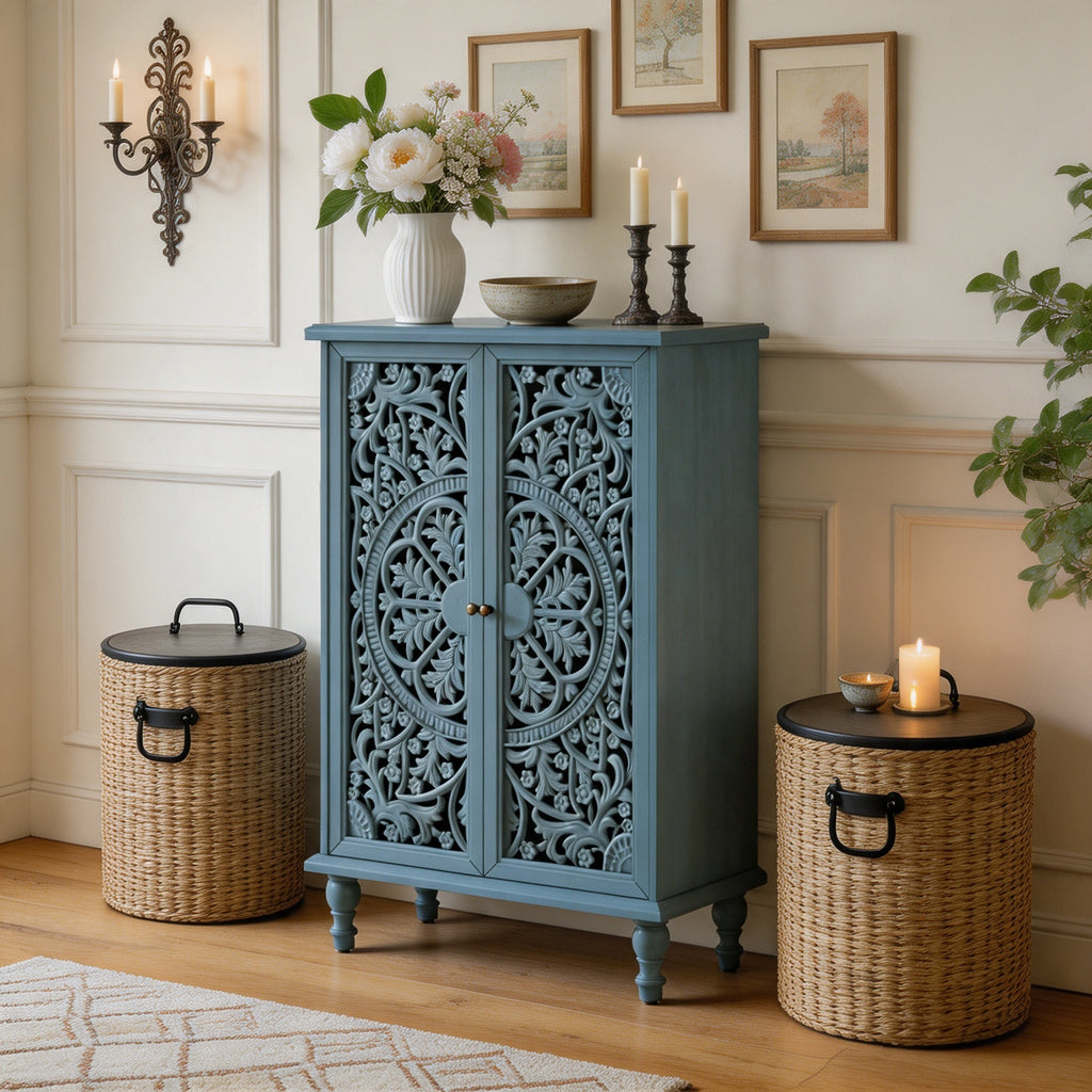 Farmhouse Accent Storage Cabinet, 2 Door Decorative Cabinet with Hollow Carved Doors, Adjustable Shelf, Freestanding Display Cabinet with Turned Legs for Entryway Living Room Dining Room,Antique