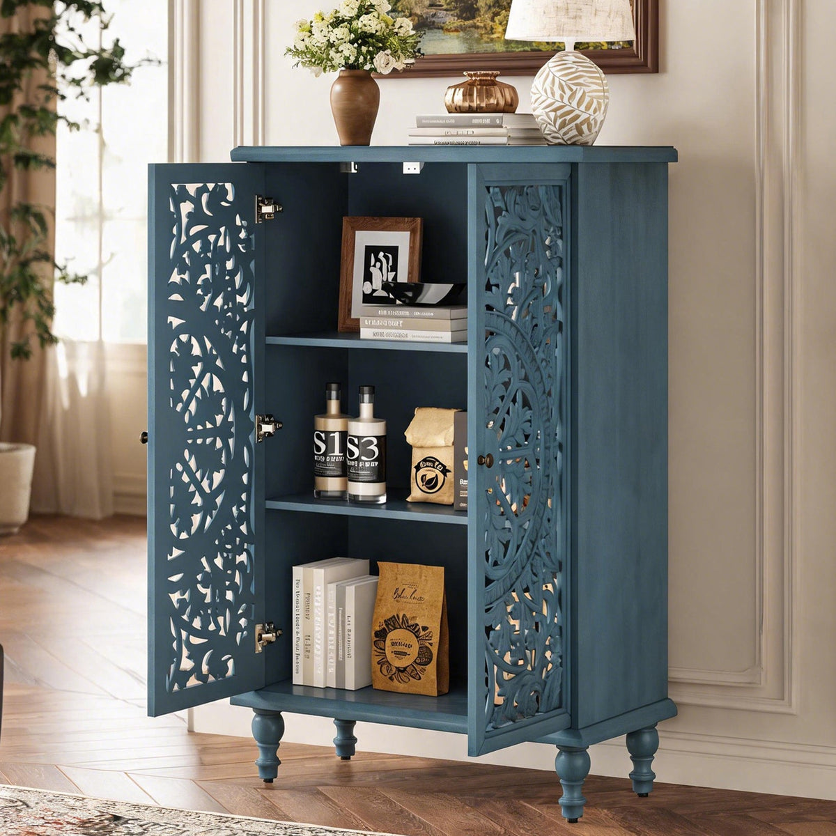 Farmhouse Accent Storage Cabinet, 2 Door Decorative Cabinet with Hollow Carved Doors, Adjustable Shelf, Freestanding Display Cabinet with Turned Legs for Entryway Living Room Dining Room,Antique
