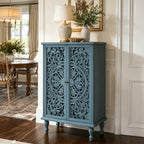 Farmhouse Accent Storage Cabinet, 2 Door Decorative Cabinet with Hollow Carved Doors, Adjustable Shelf, Freestanding Display Cabinet with Turned Legs for Entryway Living Room Dining Room,Antique