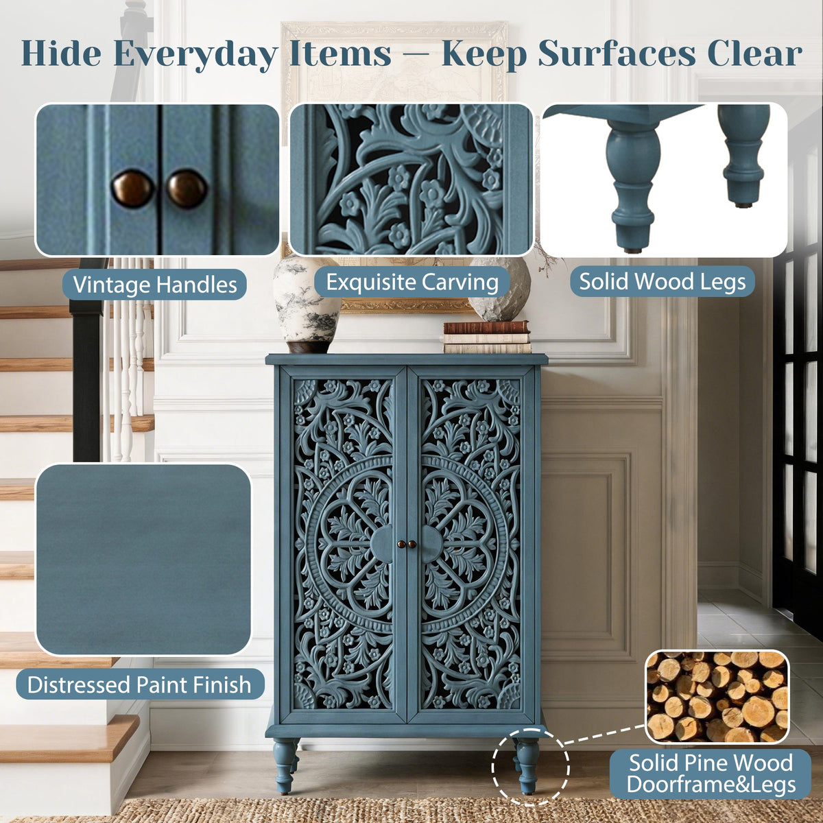 Farmhouse Accent Storage Cabinet, 2 Door Decorative Cabinet with Hollow Carved Doors, Adjustable Shelf, Freestanding Display Cabinet with Turned Legs for Entryway Living Room Dining Room,Antique