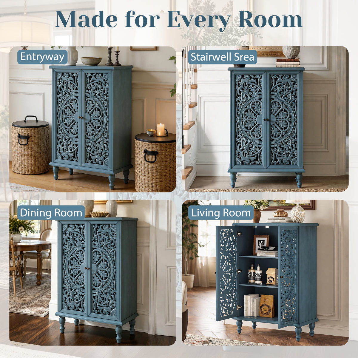 Farmhouse Accent Storage Cabinet, 2 Door Decorative Cabinet with Hollow Carved Doors, Adjustable Shelf, Freestanding Display Cabinet with Turned Legs for Entryway Living Room Dining Room,Antique