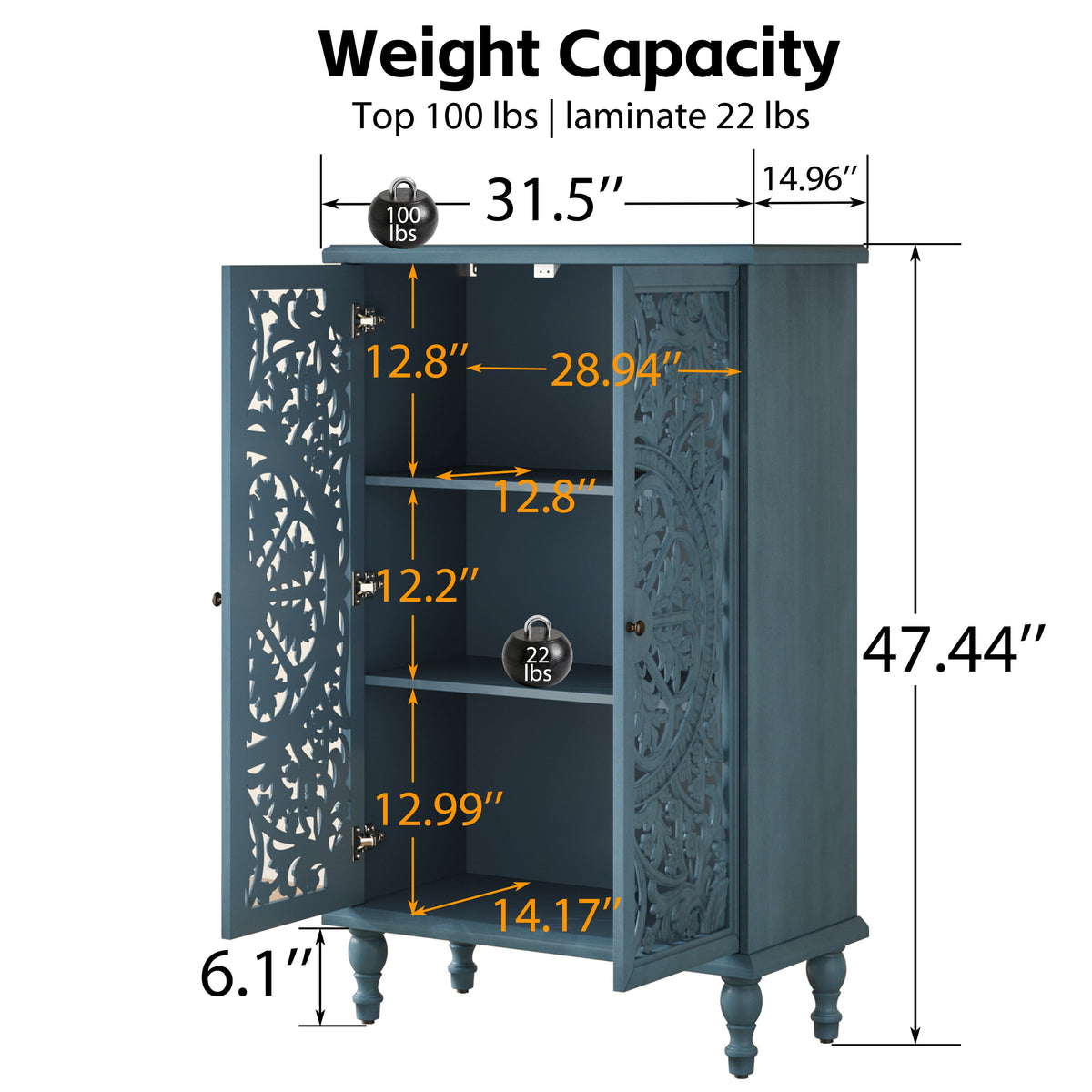 Farmhouse Accent Storage Cabinet, 2 Door Decorative Cabinet with Hollow Carved Doors, Adjustable Shelf, Freestanding Display Cabinet with Turned Legs for Entryway Living Room Dining Room,Antique